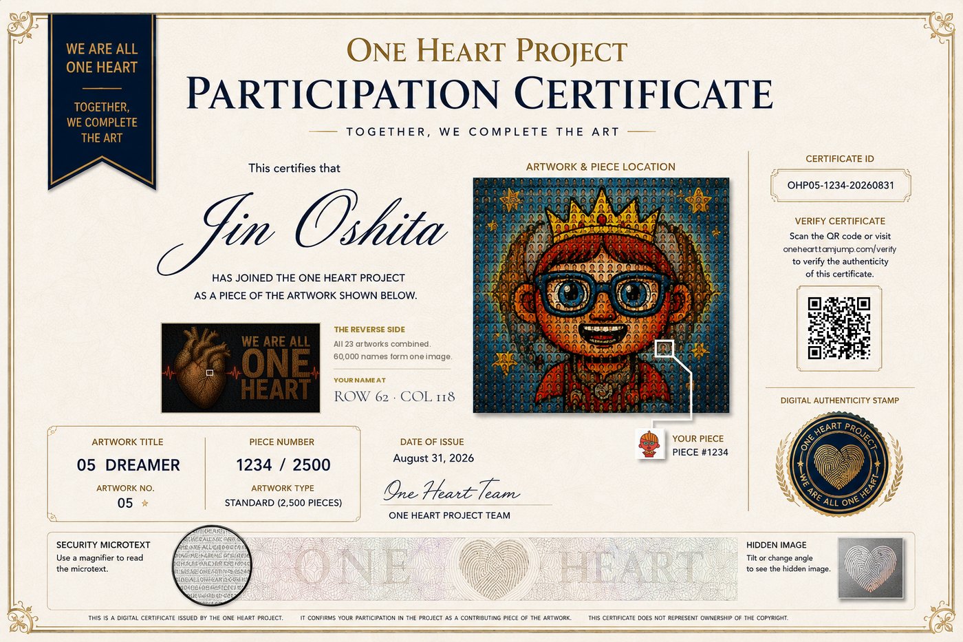 ONE HEART participation certificate